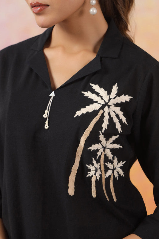 Black Palm Embroidered Cotton Co-ord Set