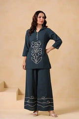 Teal Green Floral Embroidered Cotton Flex Co-ord Set