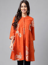 Women's Orange Pure Cotton Floral Printed Flared Tunic