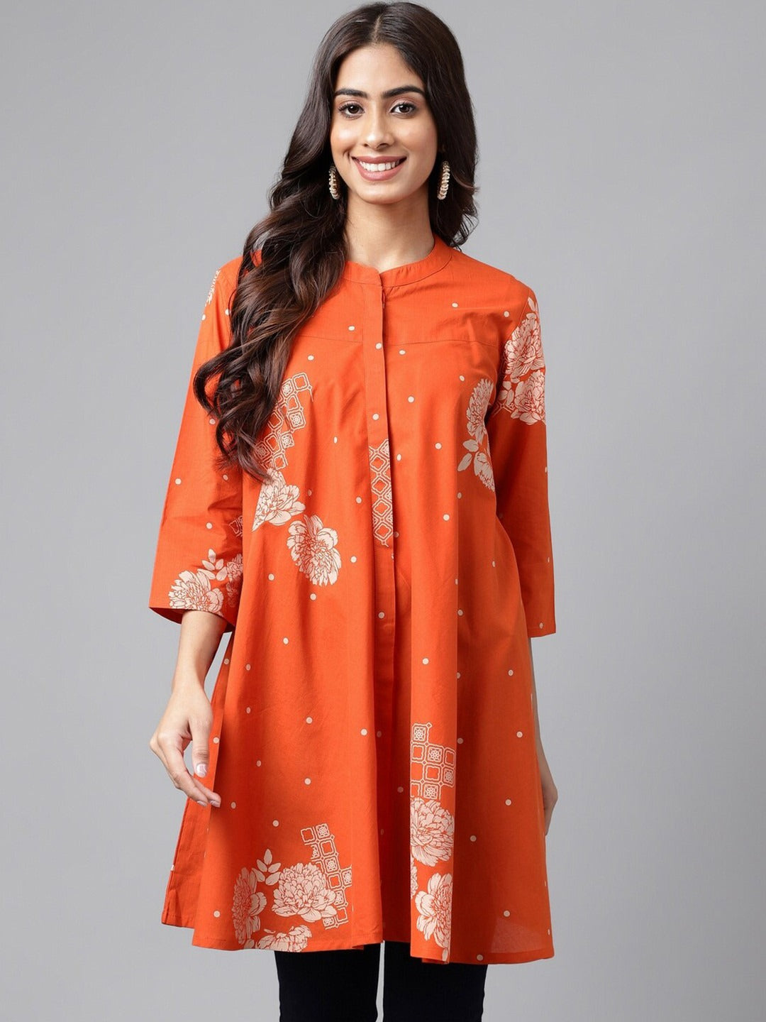 Women's Orange Pure Cotton Floral Printed Flared Tunic