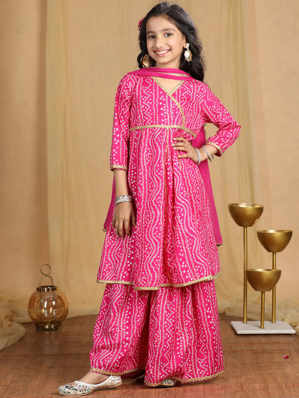 Cutiekins Girls Bandhani Print Angrakha Kurta and Sharara with Dupatta -Magenta & Off White