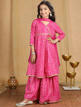 Cutiekins Girls Bandhani Print Angrakha Kurta and Sharara with Dupatta -Magenta & Off White
