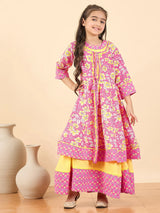 Girls Full Length Printed Kurti Set - Pink