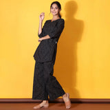 Floral Bandhani Motifs on Black Cotton Loungewear Top Set