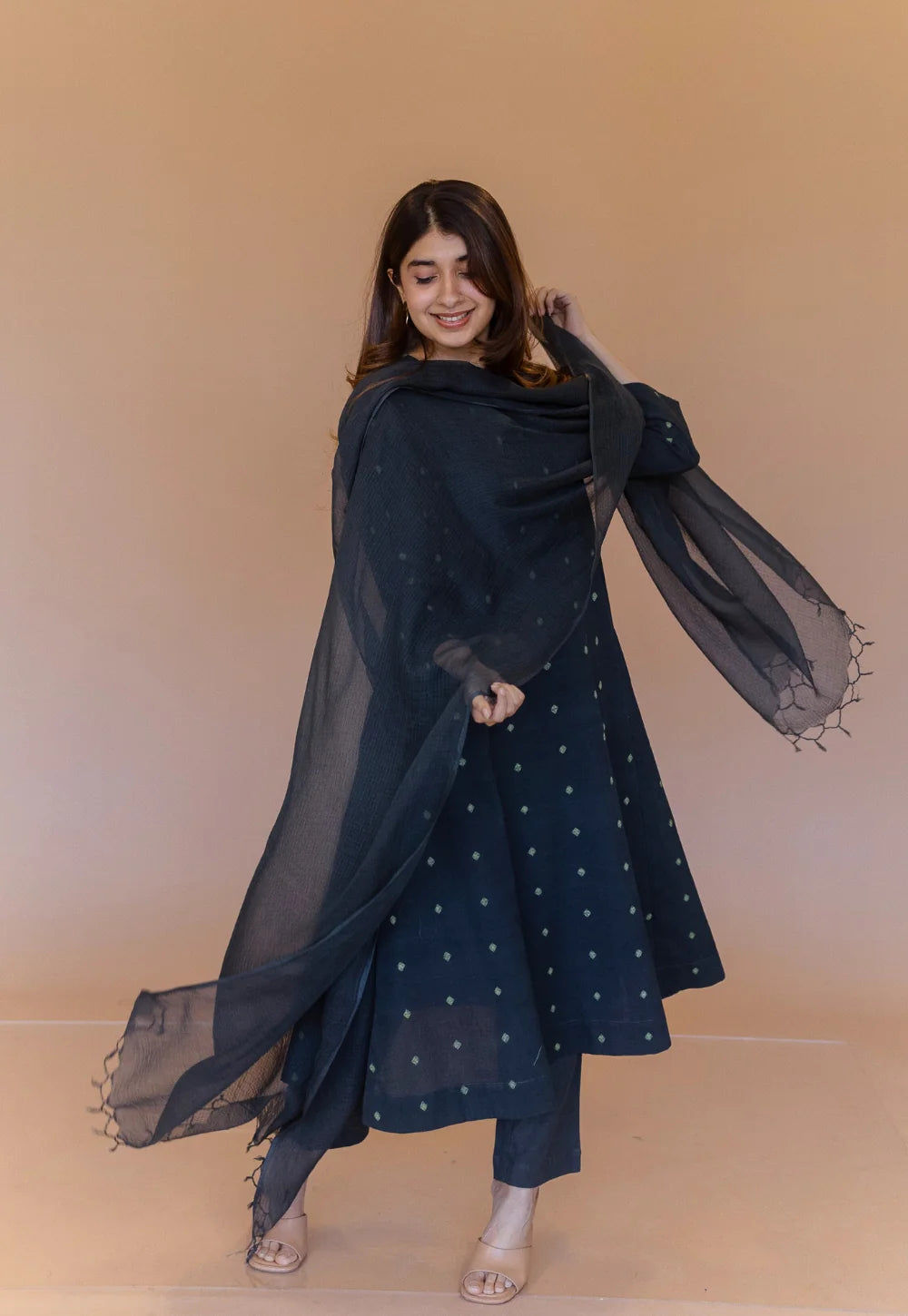 Malika Green Dabu Cotton Kali Kurta