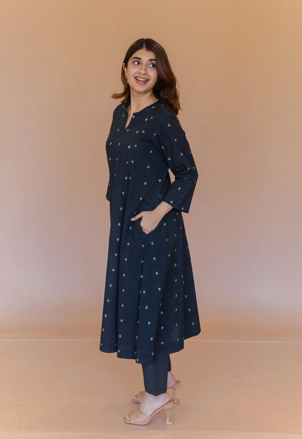 Malika Green Dabu Cotton Kali Kurta