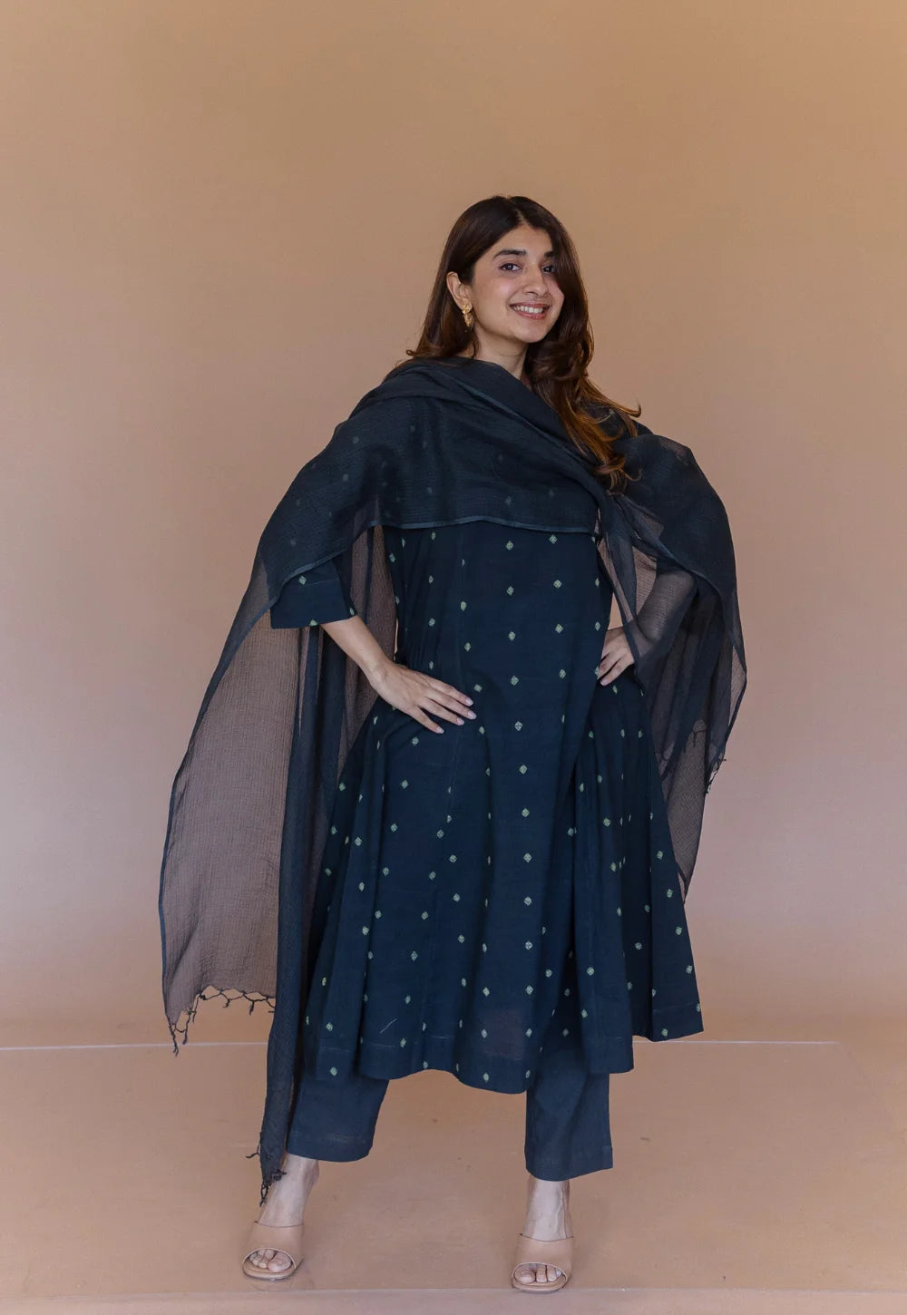 Malika Green Dabu Cotton Kali Kurta