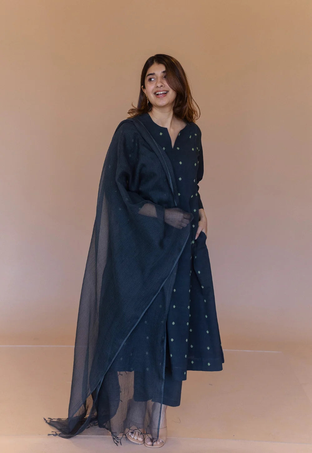 Malika Green Dabu Cotton Kali Kurta