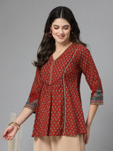 Red Printed V-Neck Gathered Pure Cotton Empire Top