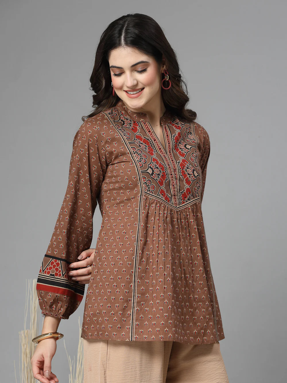 Rust Print Mandarin Collar Empire Pure Cotton Top