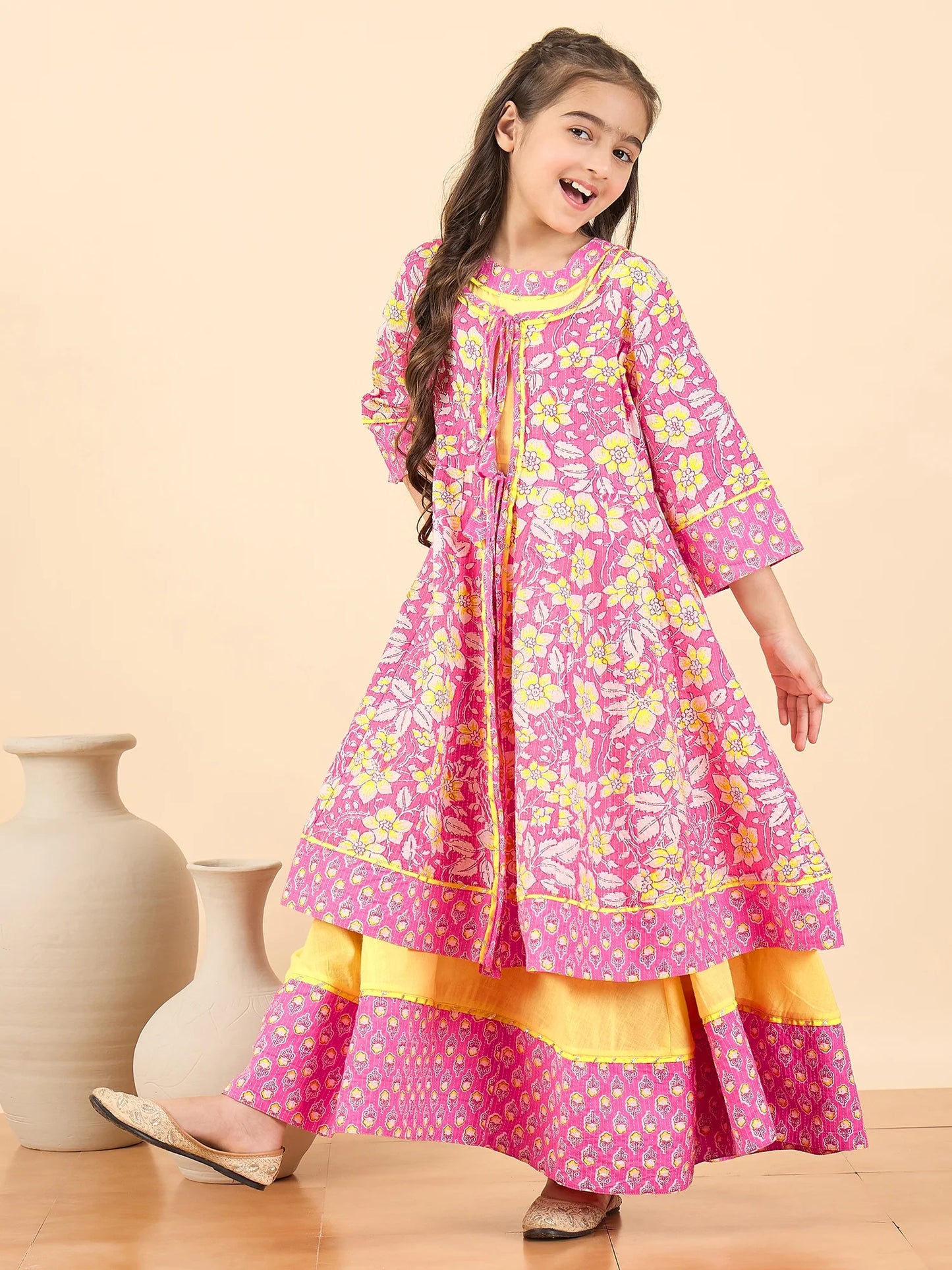 Girls Full Length Printed Kurti Set - Pink