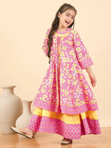 Girls Full Length Printed Kurti Set - Pink