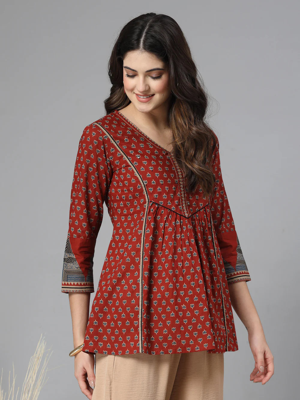 Red Printed V-Neck Gathered Pure Cotton Empire Top