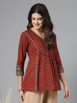 Red Printed V-Neck Gathered Pure Cotton Empire Top