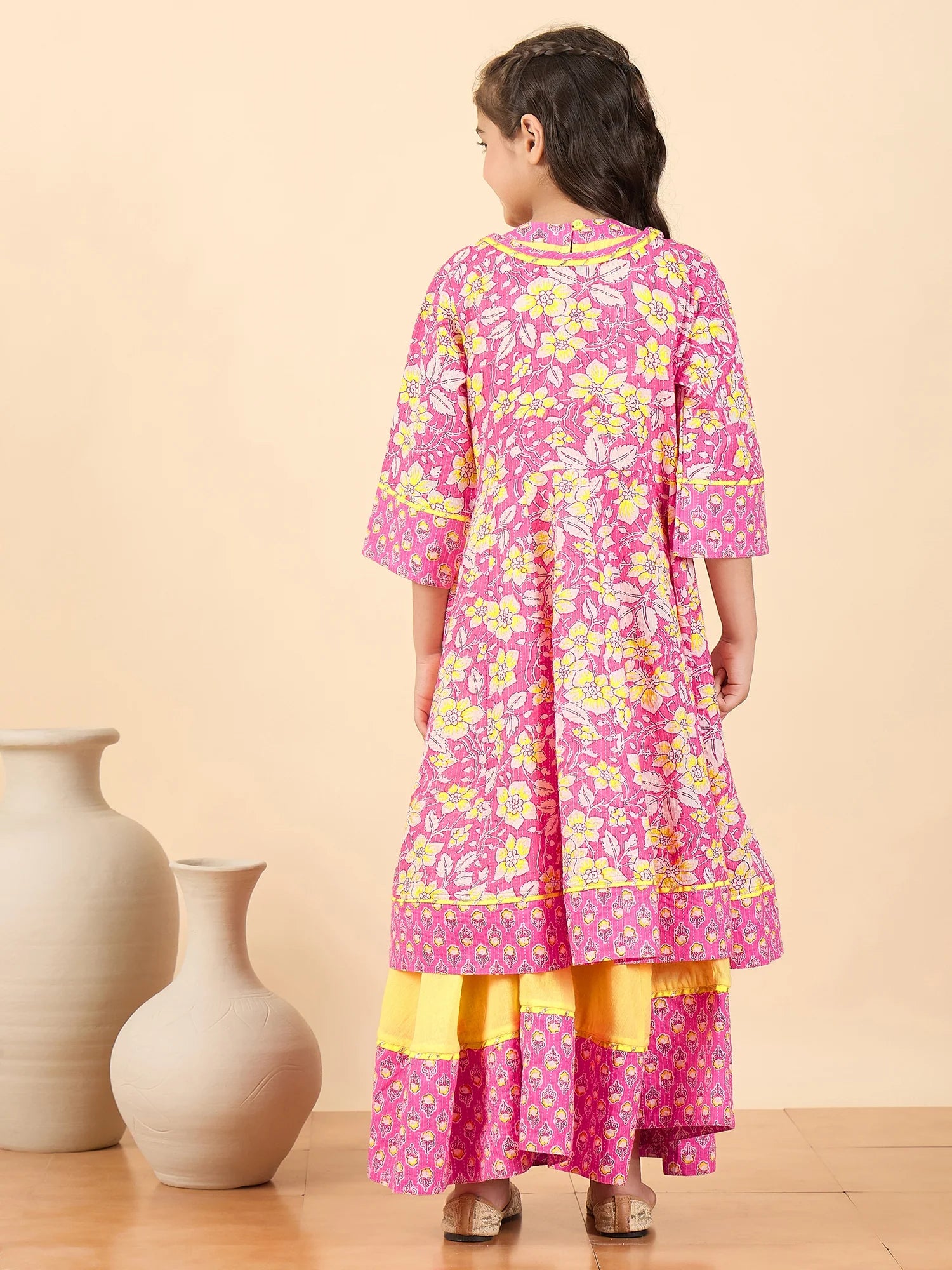 Girls Full Length Printed Kurti Set - Pink