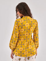 Mustard Floral Print Lace Insert cotton Top