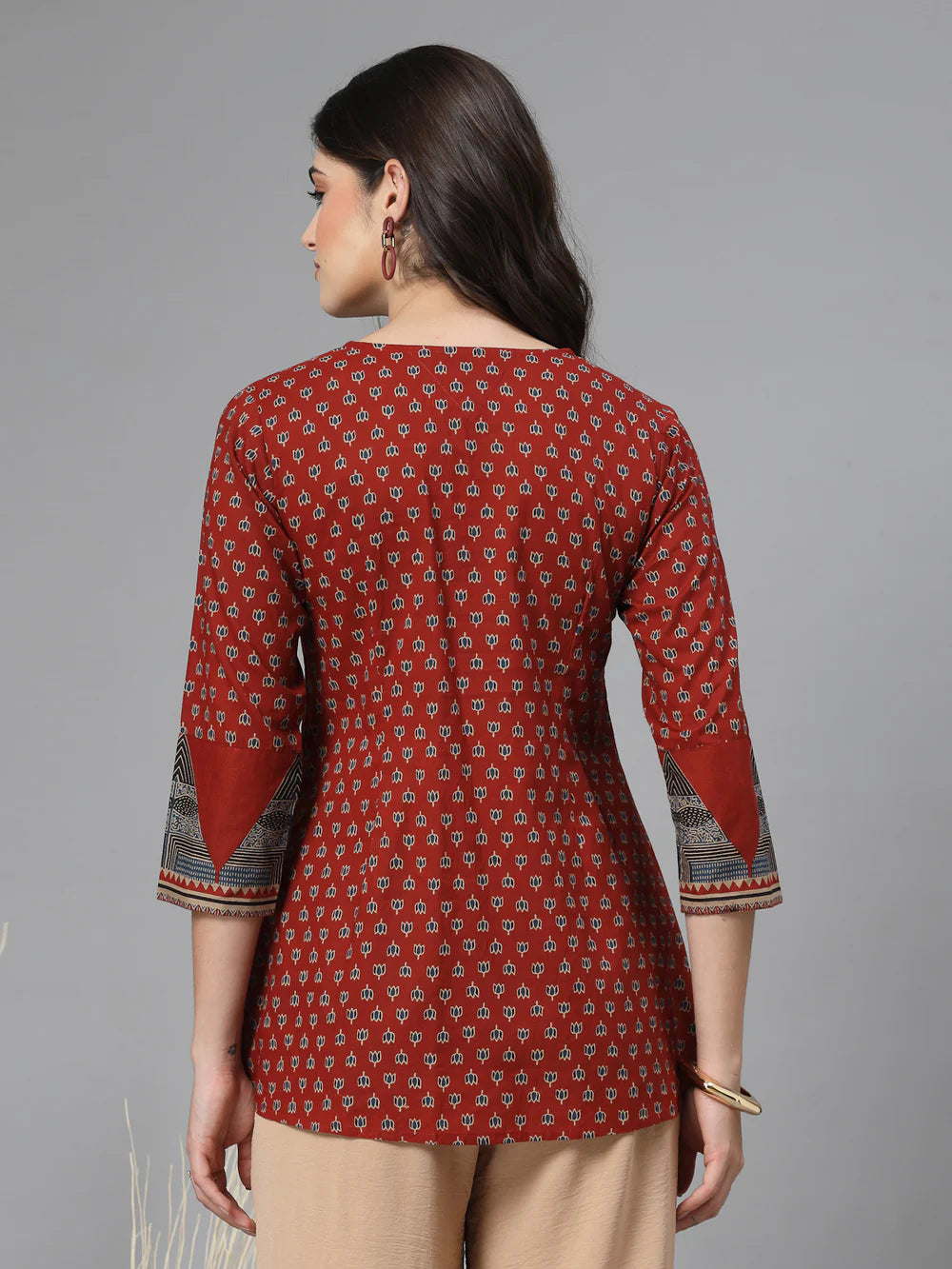 Red Printed V-Neck Gathered Pure Cotton Empire Top