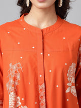 Women's Orange Pure Cotton Floral Printed Flared Tunic