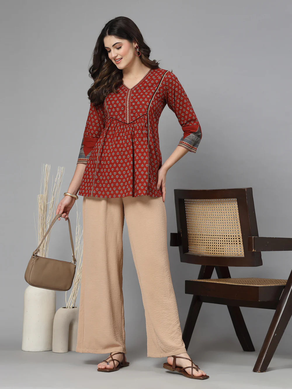 Red Printed V-Neck Gathered Pure Cotton Empire Top