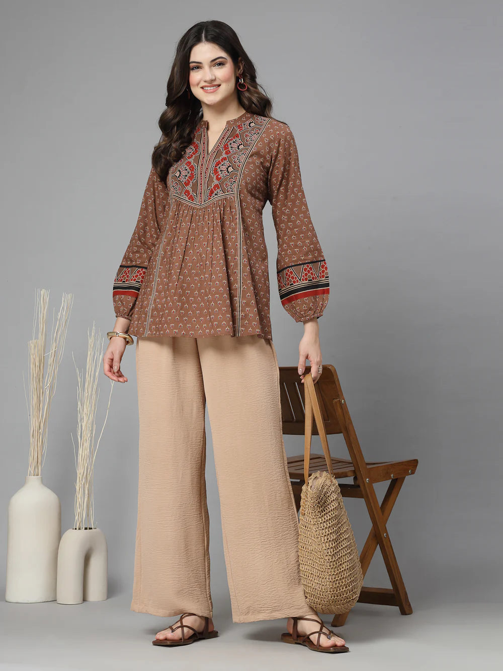 Rust Print Mandarin Collar Empire Pure Cotton Top