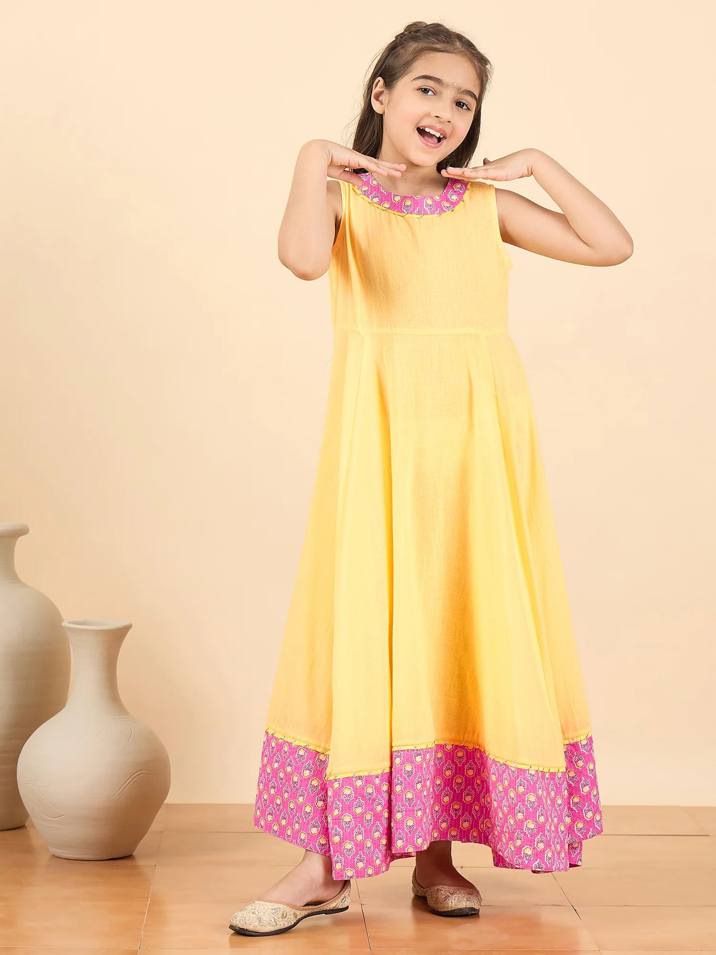 Girls Full Length Printed Kurti Set - Pink