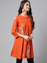 Women's Orange Pure Cotton Floral Printed Flared Tunic