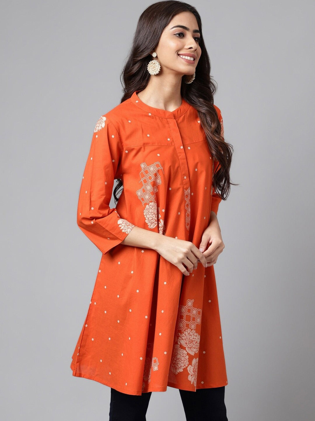 Women's Orange Pure Cotton Floral Printed Flared Tunic
