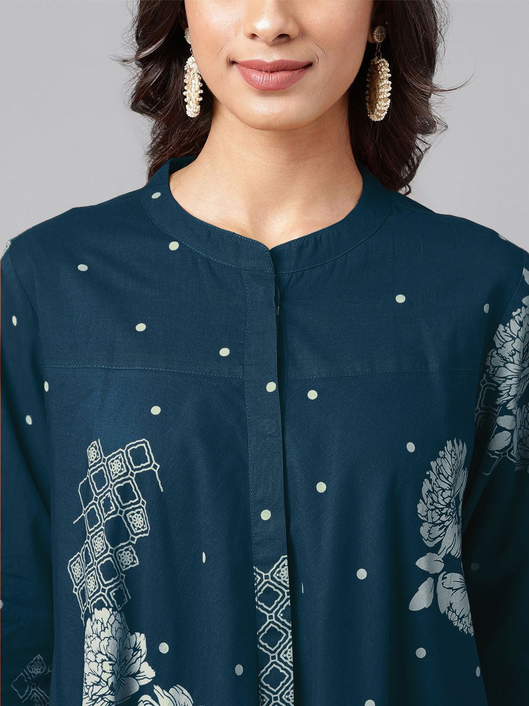Women's Teal Blue Pure Cotton Floral Printed Flared Tunic