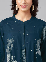 Women's Teal Blue Pure Cotton Floral Printed Flared Tunic