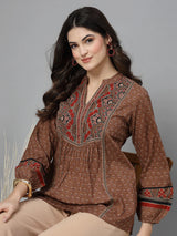 Rust Print Mandarin Collar Empire Pure Cotton Top
