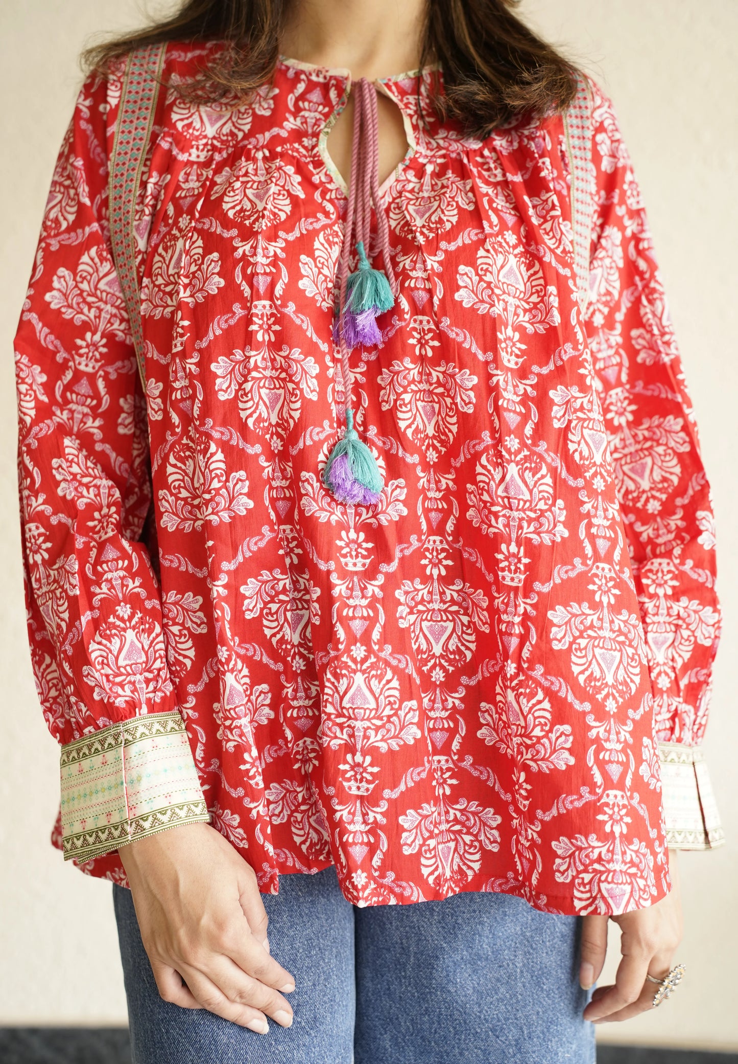Ganga Red Floral Print Cotton Top