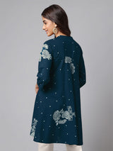 Women's Teal Blue Pure Cotton Floral Printed Flared Tunic