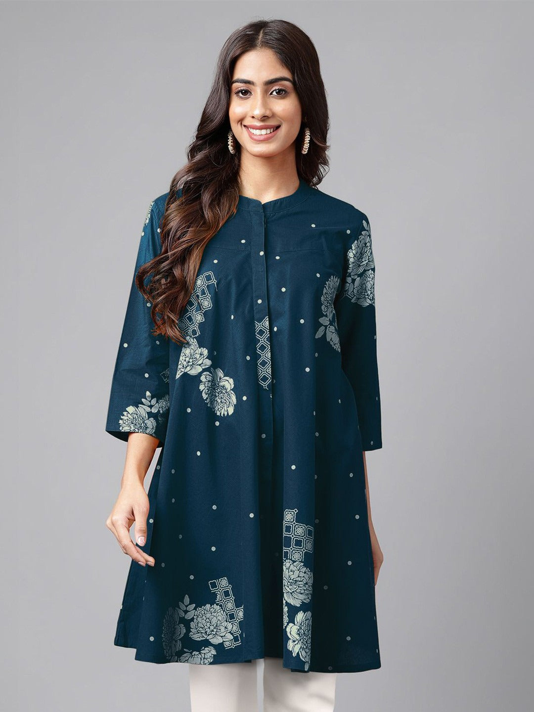 Women's Teal Blue Pure Cotton Floral Printed Flared Tunic