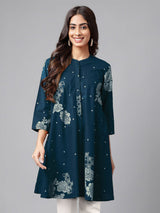 Women's Teal Blue Pure Cotton Floral Printed Flared Tunic