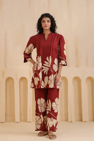Brown Flora Printed Cotton Co-ord Set