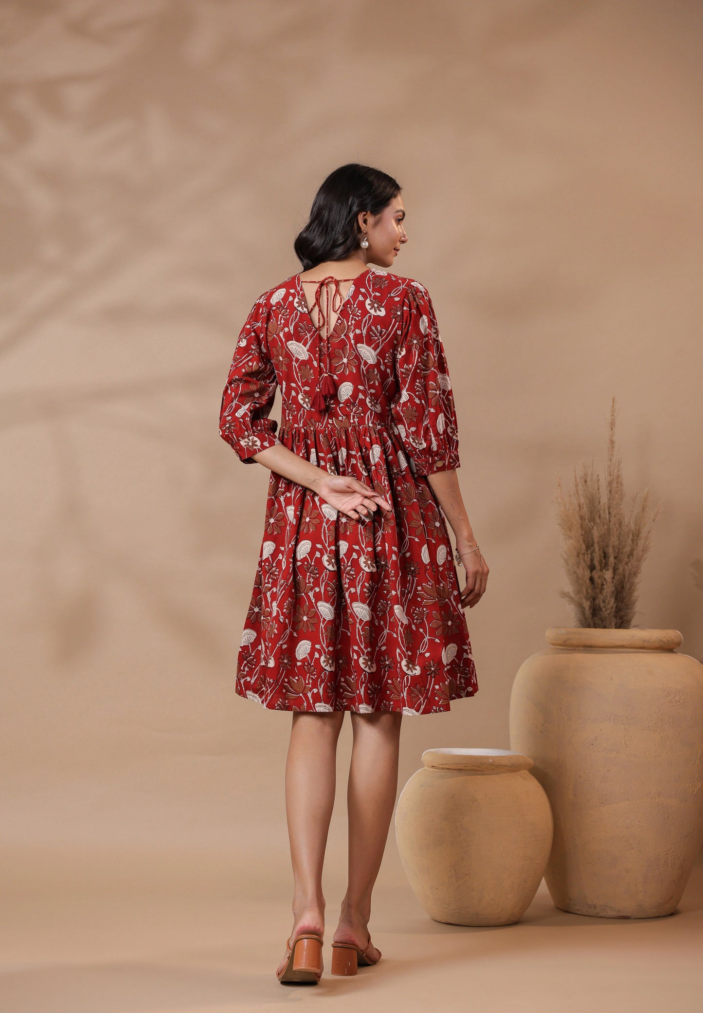 Bagru Printed V-Neck Printed Midi Dress