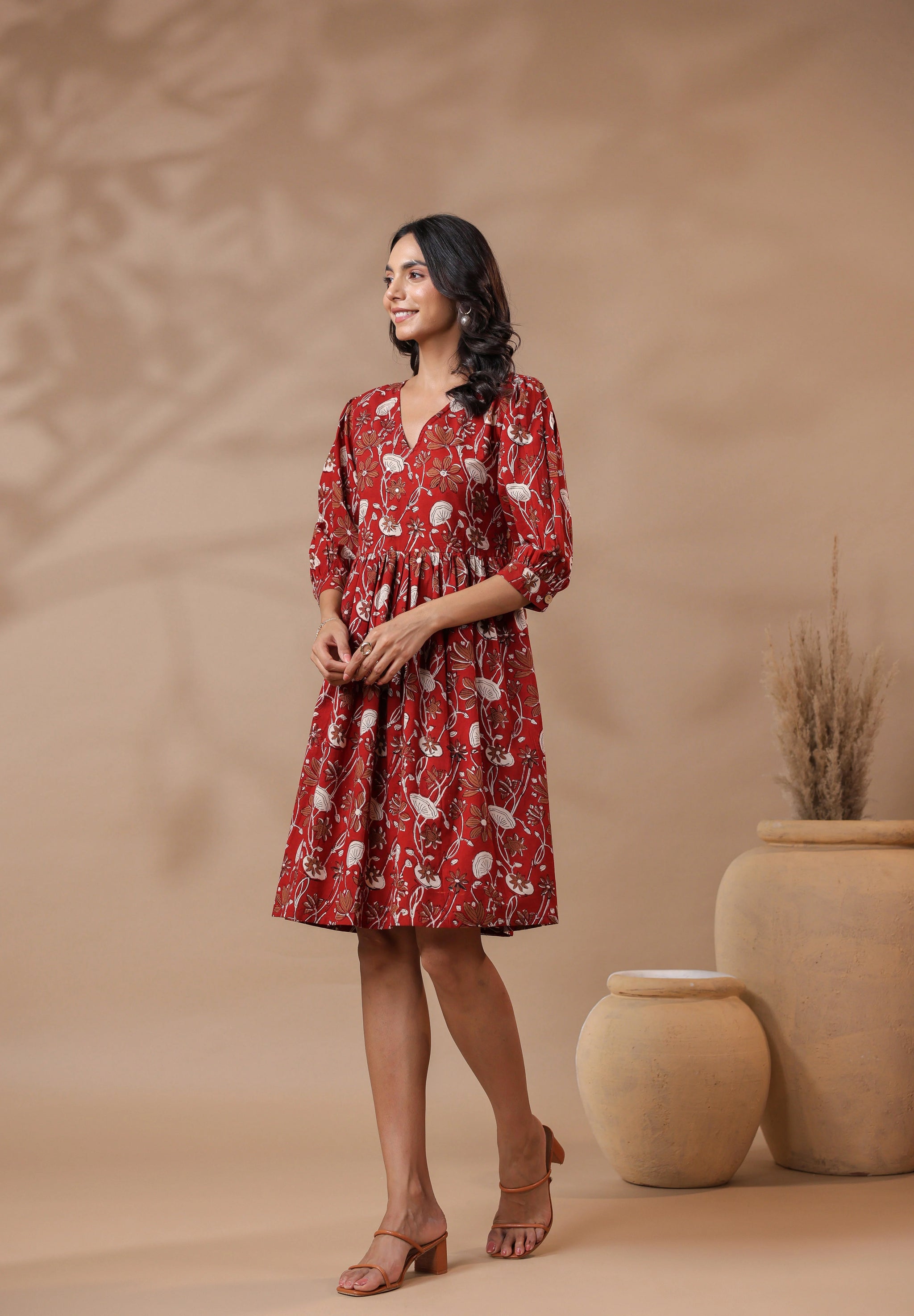 Bagru Printed V-Neck Printed Midi Dress