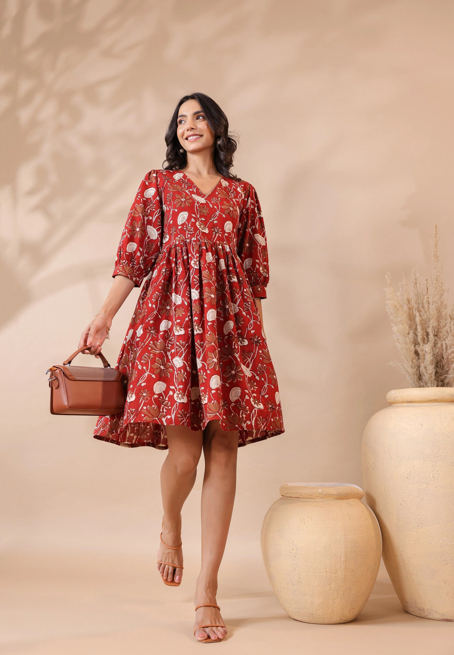 Bagru Printed V-Neck Printed Midi Dress