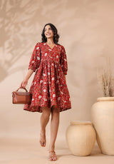 Bagru Printed V-Neck Printed Midi Dress
