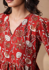 Bagru Printed V-Neck Printed Midi Dress