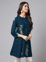 Women's Teal Blue Pure Cotton Floral Printed Flared Tunic