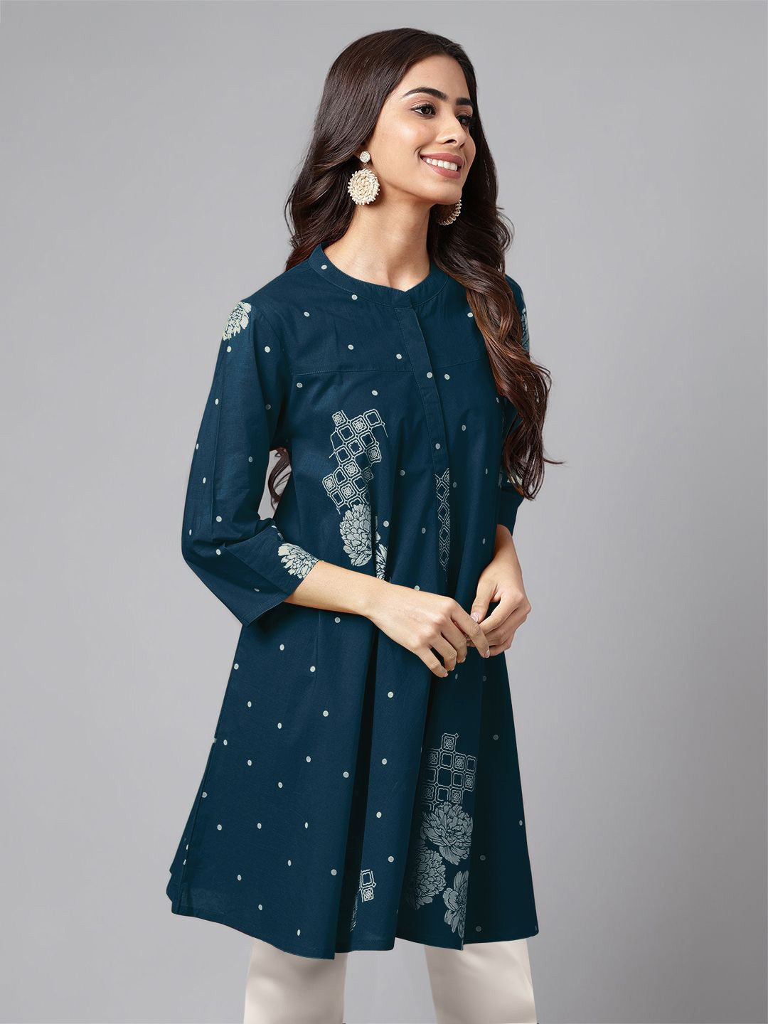 Women's Teal Blue Pure Cotton Floral Printed Flared Tunic