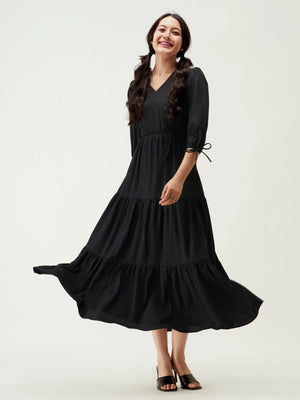 Puff Sleeves Tie-Up Detail Tiered Maxi A-Line Dress