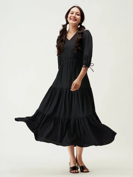 Puff Sleeves Tie-Up Detail Tiered Maxi A-Line Dress