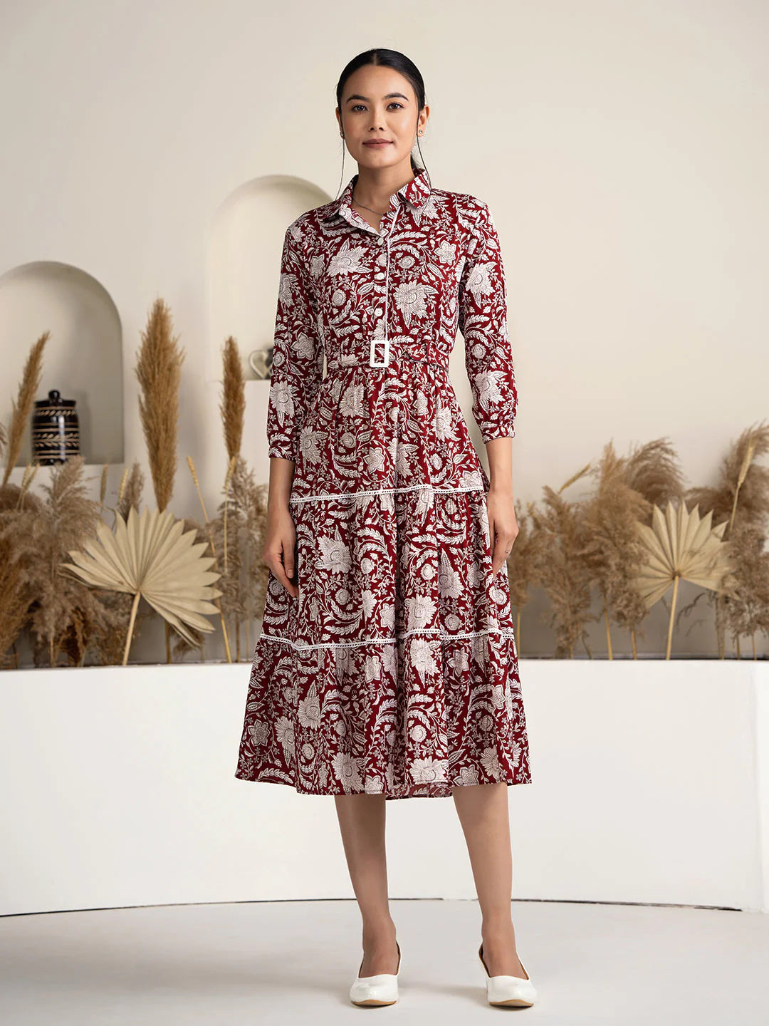 Women's Black Crush Crepe Printed Fit and Flare Western Dress