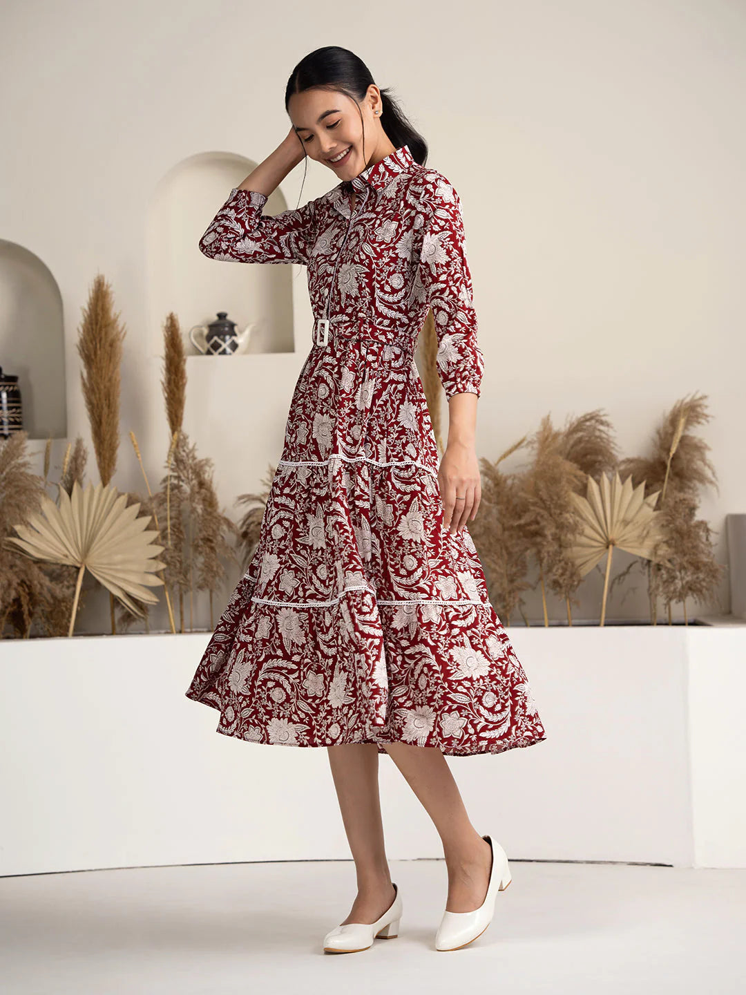 Women's Black Crush Crepe Printed Fit and Flare Western Dress