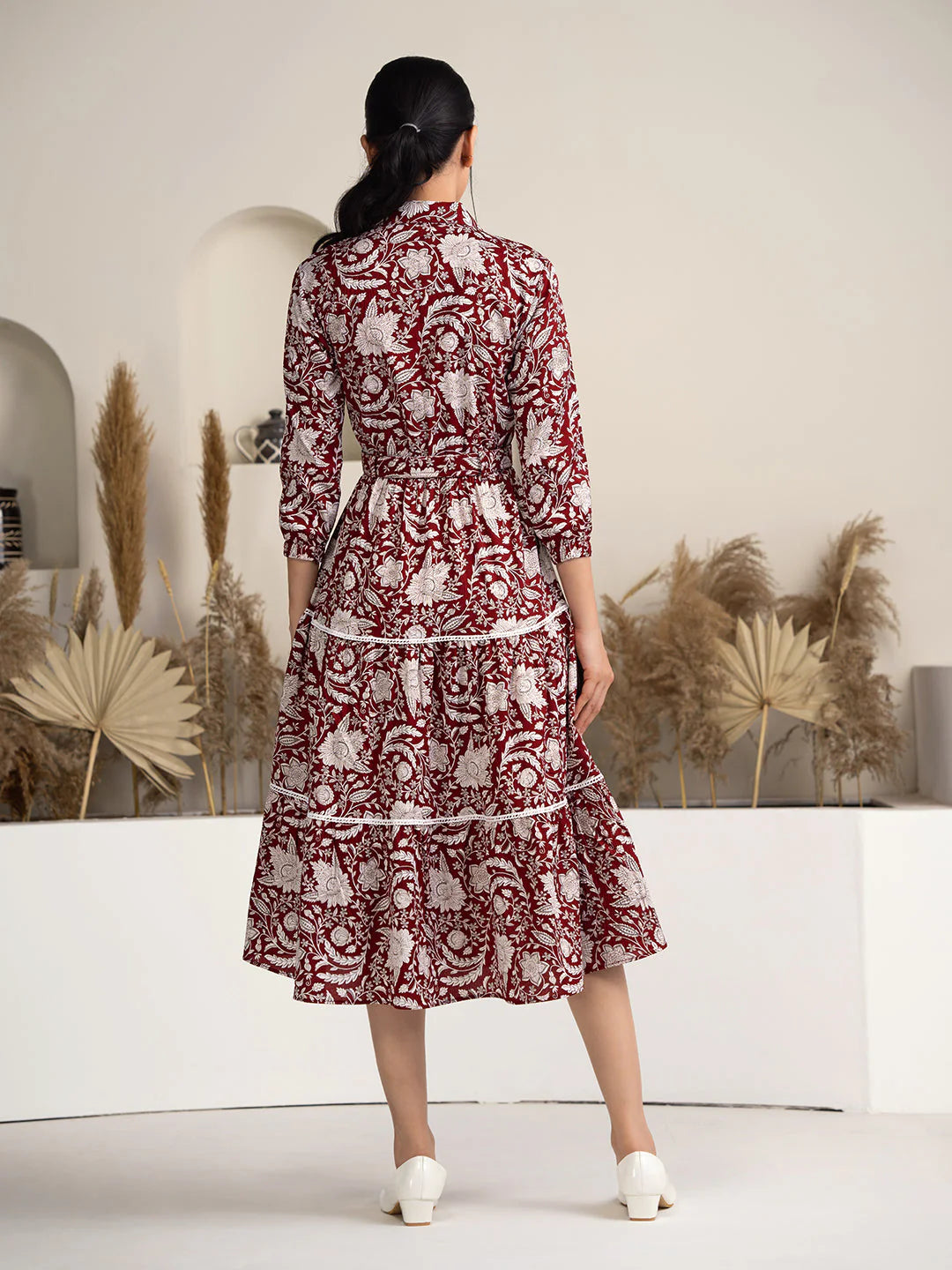 Women's Black Crush Crepe Printed Fit and Flare Western Dress