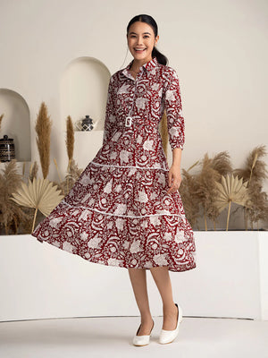 Women's Black Crush Crepe Printed Fit and Flare Western Dress