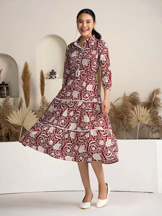 Women's Black Crush Crepe Printed Fit and Flare Western Dress