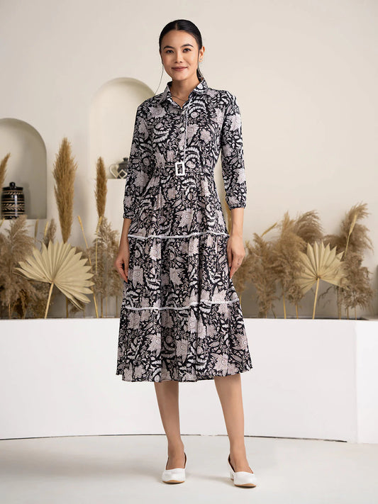 Women's Black Crush Crepe Printed Fit and Flare Western Dress